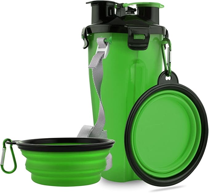 Dog Travel Water Bottle Collapsible Bowls, 2 in 1 Pet Food Container with Collapse Bowls, Outdoor Portable Water Bowls for Walking, Traveling, Camping and Hiking (Green)