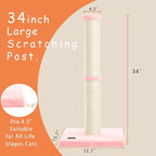34inch Cat Scratching Post with Natural Sisal Rope 4.3Inch Large Diameter Scratcher Post Tree for Indoor Cats Pink