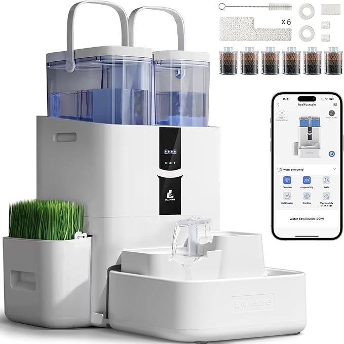 Automatic Cat Water Fountain 10L/338oz Self Filling and Cleaning, Pet Water Dispenser with Filter System for Dogs, 5G Wi-Fi Smart Bowl Wastewater Separation & No Slimy with Quiet Pumps