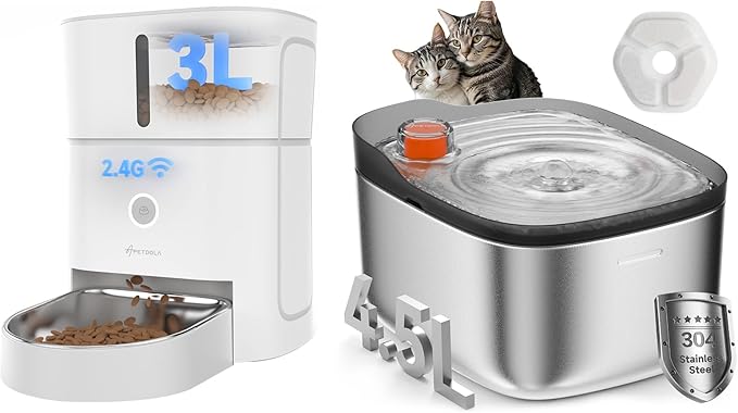 Cat Water Fountain Stainless Steel 4.5L +3L Automatic Cat Feeder， 5G & 2.4G Wi-Fi Cat Food Dispenser Pet Feeder Set