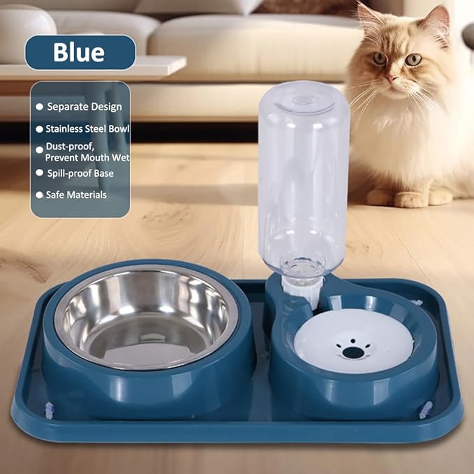 Dog Bowls, Non-Slip Puppy Cat Food and Water Bowl Set with Water Dispenser and Stainless Steel Bowl Detachable Gravity Pet Feeder and Waterer Set for Cats Dogs Puppy Rabbit (Blue)