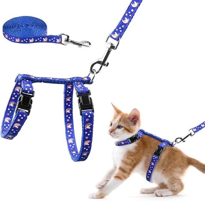 Cat Harness and Leash Set Gold Moons Soft Nylon Escape Proof Adjustable for Kittens Small Animals Glow in The Dark(Blue)