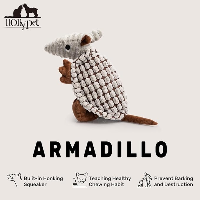 Hollypet Plush Dog Squeaky Toy Stuffed Armadillo Animal Pet Puppy Chew Toys with Clean Teeth for Small Medium Large All Breed Sizes Dogs, Gray, 8 in
