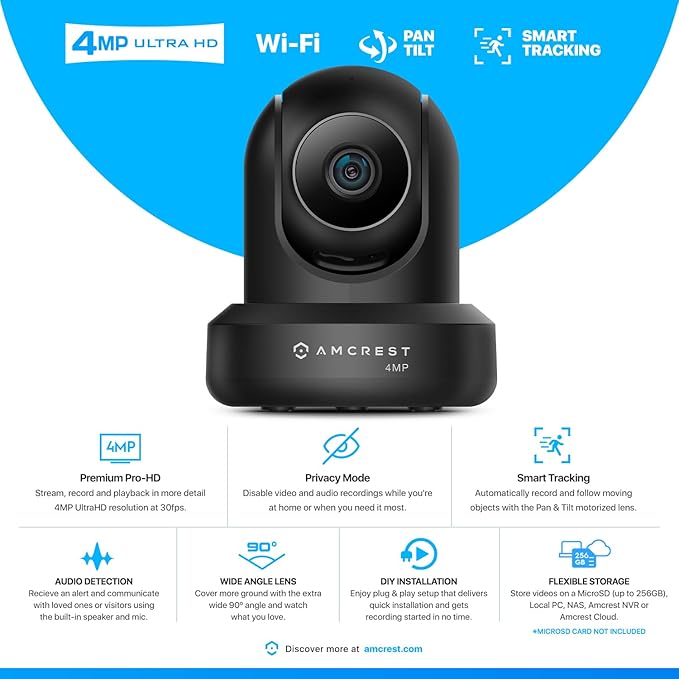 Amcrest 4MP ProHD Indoor WiFi, Security IP Camera with Pan/Tilt, Two-Way Audio, Night Vision, Remote Viewing, 4-Megapixel @30FPS, Wide 90° FOV, IP4M-1041B (Black)