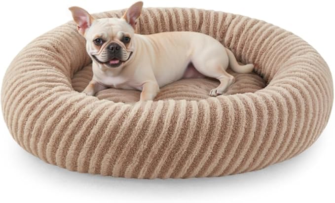 MIXJOY Donut Medium Dog Beds Medium Sized Dogs, Round Pet Beds with Removable Washable Cover, Faux Fur Cat Bed with Anti-Slip Bottom, 30"x30"x8", Beige
