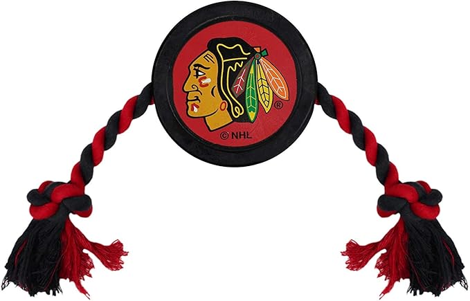 Pets First Rubber Dog Toy - Heavy-Duty Rope Tug with NHL Chicago Blackhawks Puck. Play Hockey with Your Pet!