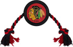 Pets First Rubber Dog Toy - Heavy-Duty Rope Tug with NHL Chicago Blackhawks Puck. Play Hockey with Your Pet!