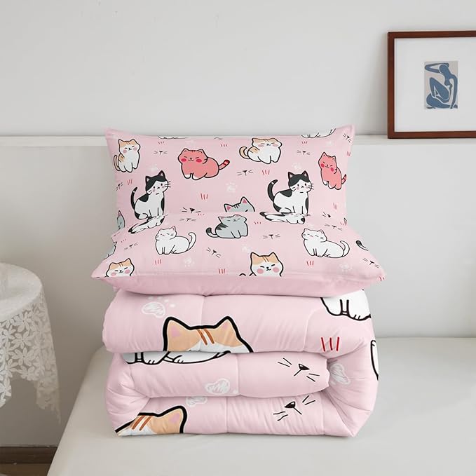 Erosebridal Kawaii Cat Bedding Queen for Girls Rainbow Kitten Comforter Set Cute Pet Bedding Comforter Sets Kids Cartoon Animal Duvet Insert Pastel Pink Quilted Duvet with 2 Pillow Shams Lightweight