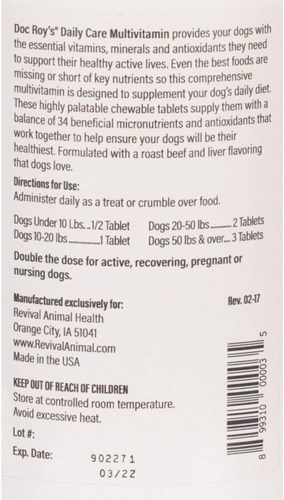 Doc Roy's Daily Care Multivitamin with Minerals for Dogs- Canine Daily Health Supplement- 365 ct Tablets