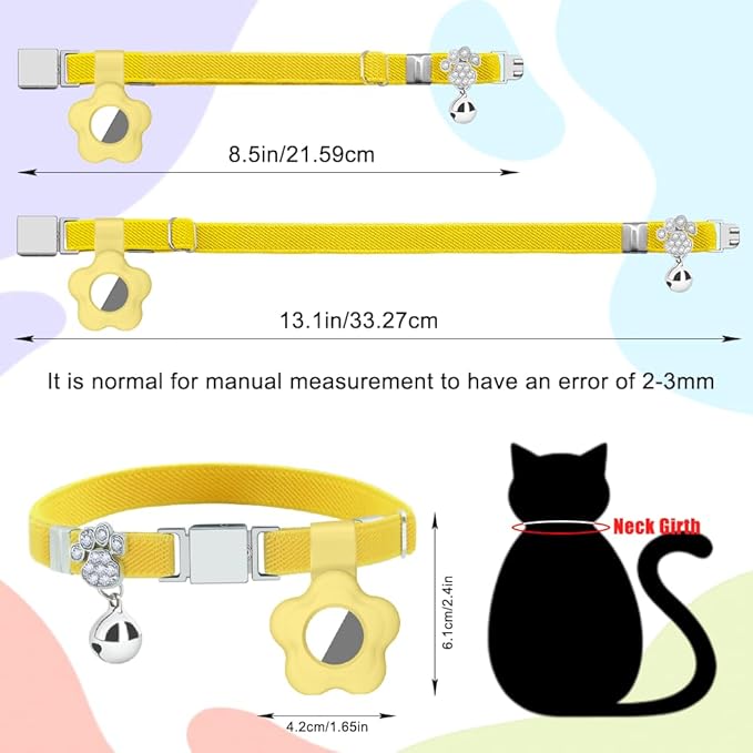 Personalized Safety Elastic Cat Collars with Bell Soft Silicone Cover for Air Tag,Laser Customized Stretch Kitten Collars for Girls Boys Cats (Yellow)