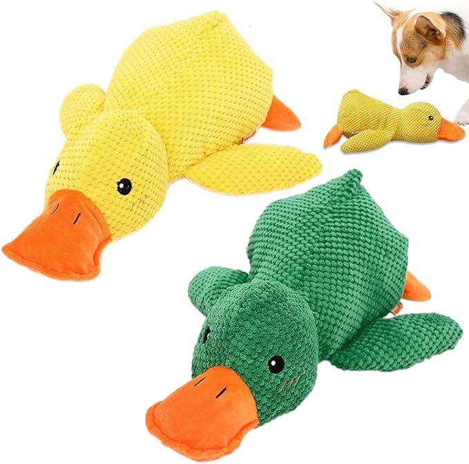Quack-Quack Duck Dog Toy,Durable Plush Chew Toy with Sounds,Stuffed Plush Calming Duck Dog Toy for Indoor Puppies and Senior Pups (Yellow+Green, Large)