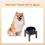 Ceramic 6.1inch Raised Dog and Cat Bowl Set, 2 Heights Elevated Wooden Stand for Small Breed Dogs, Weighted Pet Food and Water Dishes(6.1'',28.7oz, Starry Sky)