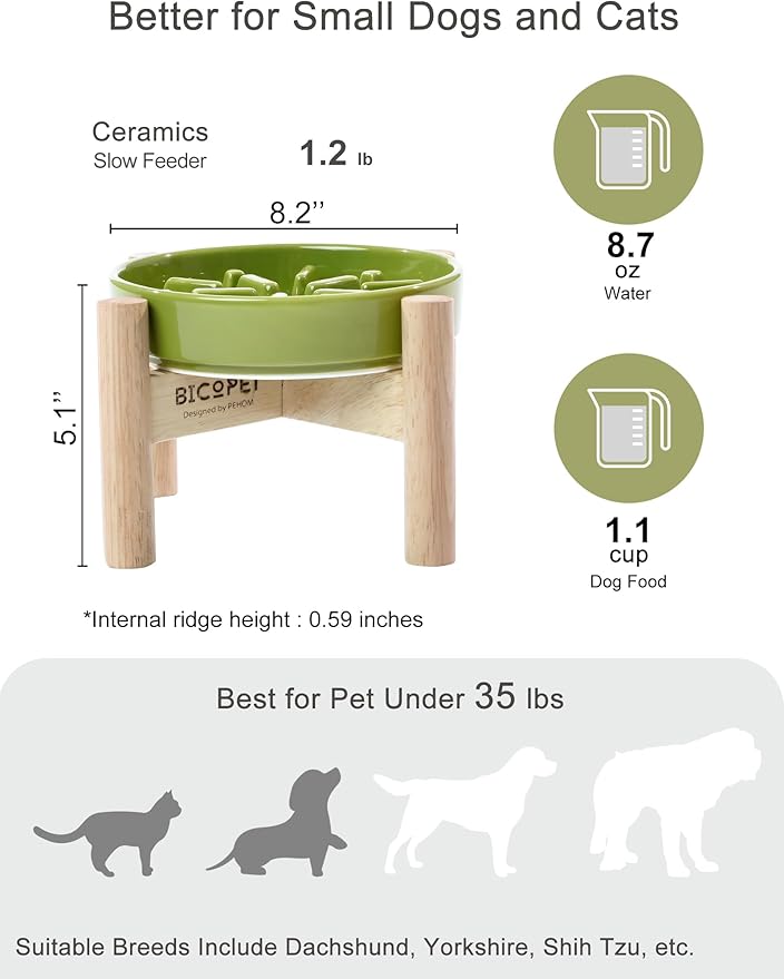 Ceramic Maze Dog Slow Feeder with Non-Slip Silicone Rim (& Bamboo Stand) – Heavy-Duty Stoneware Bowl with Puzzle Pattern for Bloating & Obesity Prevention (Raised-Green-S)