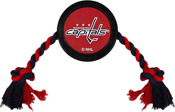Pets First Tough Rubber Dog & Cat Puck Toy - NHL Washington Capitals Heavy-Duty Rope Tug for Dogs & Cats