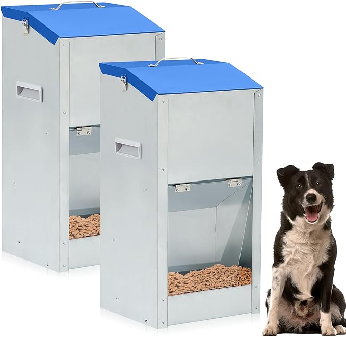 2 Pcs Large Automatic Dog Feeders with Handle Acrylic Panel Galvanized Gravity Feeder Outdoor Hanging for Doggie Breed Dog Food Dispenser Container (Blue,25 Lbs)