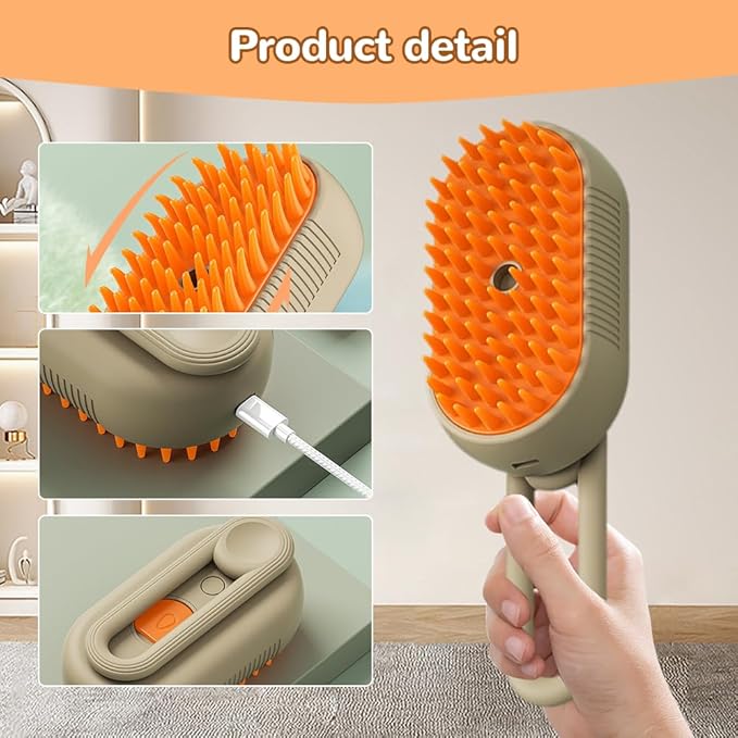 2025 New Pet Steam Groomer Brush, 3 in 1 Cat Steam Brush for Massaging and Cleaning Shedding Hair, Upgrade Pet Steam Groomer Comb Multifunctional Hair Removal Comb for Cats Dogs (Khaki)