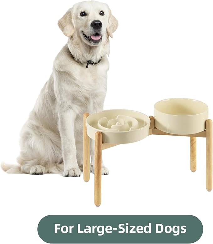 Ceramic Raised Slow Feeder Dog Bowl Set, Elevated 8.2inch Bowl and 9.5inch Puzzle Slow Food Dish with Wooden Stand for Large Dog, Anti-Gulping (2X Beige+ Stand)