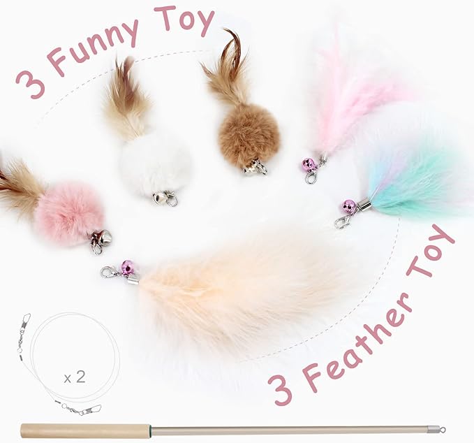 SONGWAY Interactive Cat Feather Toys - 7 PCS Cat Toys Set for Indoor Cats, Retractable Wand with Feather Tail Toy Refills, Kitten Toys Gift, Pink