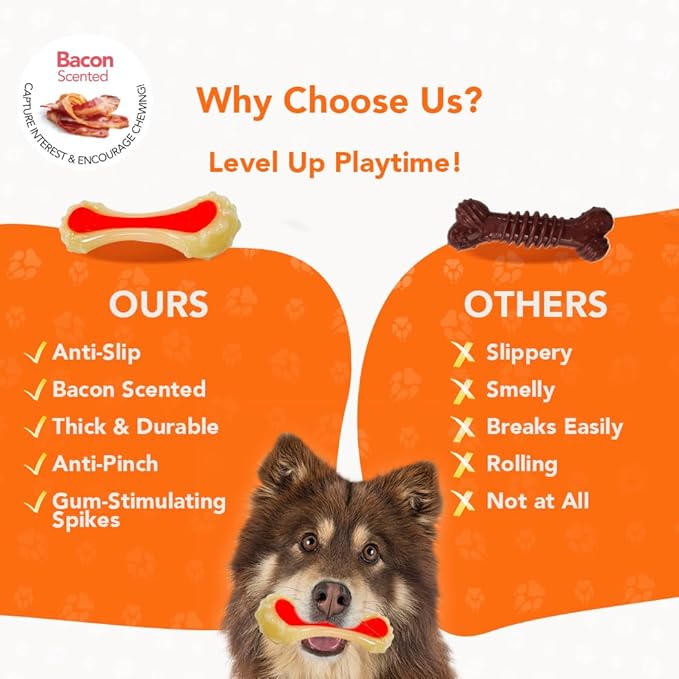 Dental Bone Chew Pet Toy Medium, Bacon-Scented Durable Dog Toys for Aggressive Chewers, Orange