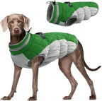 FUAMEY Dog Coat for Large Dogs,Waterproof Dog Winter Jacket with Harness Built in Puppy Cold Weather Coats Reflective Pet Vest with Zipper Warm Fleece Dogs Snowsuit Windproof Green XL