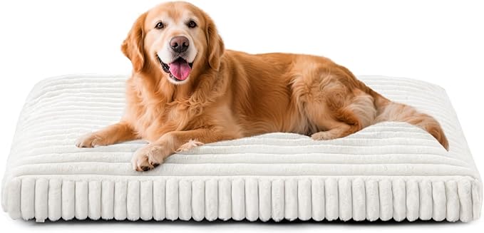 XL Dog Bed, Flat Pet Beds with Removable Washable Cover, Pet Mat Cute Dog Crate Bed Thick Shredded Chopped Crate Foam & Anti Slip Bottom for Indoor, 42"x27"x4" Cream