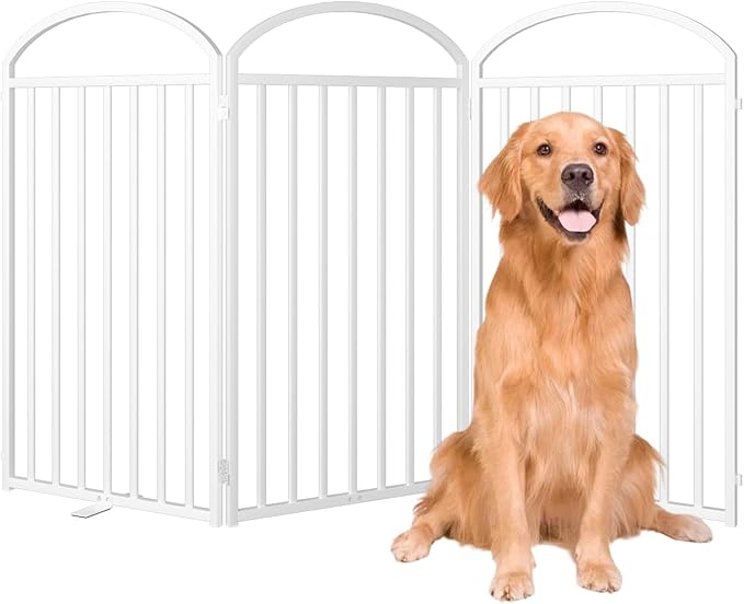 3 Panles Full Matel Freestanding Dog Gates with Door, 72"Extra Wide 36"Tall Free Standing Dog Pet Gate for Indoor & Outdoor. Foldable Pet Fences for Doorways, House, Stairs, Porch, Deck, Yard