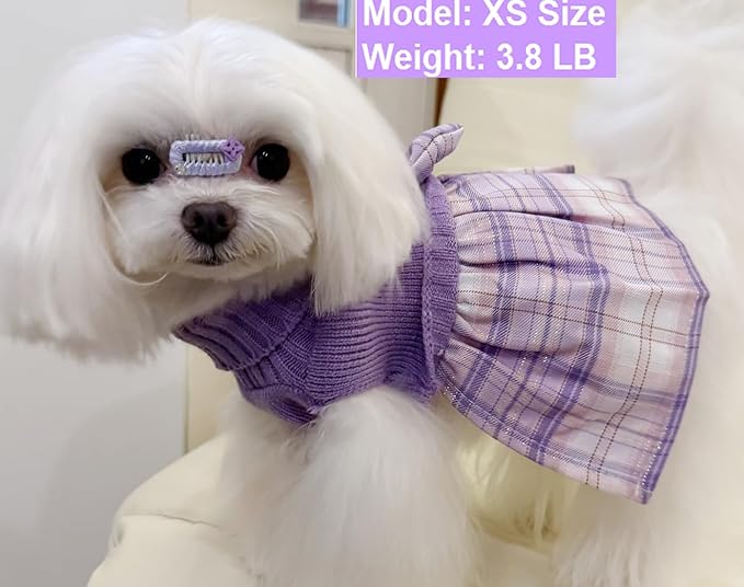 Purple Knitted Dog Sweater Dress, Cute Pink Plaid Dog Sweaters for Small Dogs Girl, Maltese Cat Apparel, Small (S)