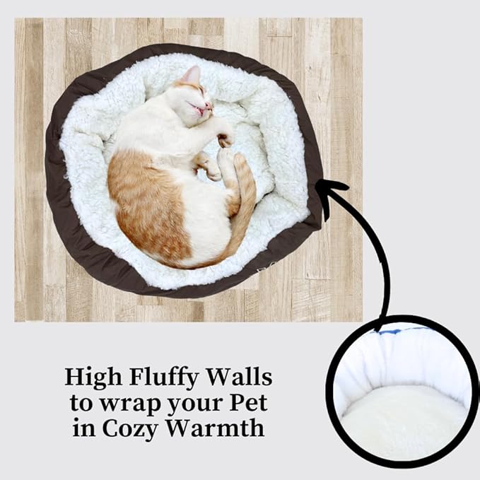 Evelots Warm Pet Bed for Cats or Small Dogs - Calming, Anti-Anxiety, Soft, Cozy Donut Cuddler -Removeable Fluffy Sherpa Insert- Machine Washable -Fleece Lining- Non-Slip Bottom -Assorted Colors