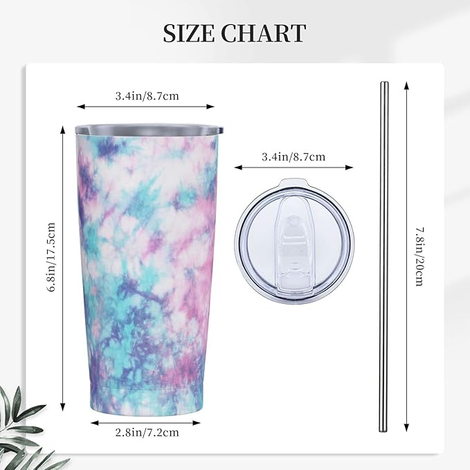 Dujiea 20oz Tumbler With Lid And Straw, Pastel Blue Pink Tie Dye Vacuum Insulated Iced Coffee Mug Reusable Travel Cup Stainless Steel Water Bottle