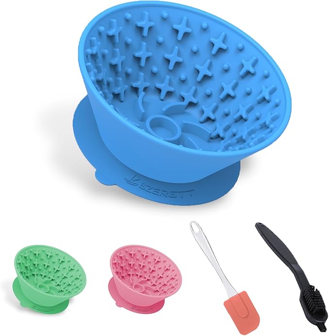Dog Lick Bowl – Silicone Lick Mat for Dogs with Freeze Bone, Slow Feeder, Non-Slip Base, Includes Brush & Scraper, Large Opening for Anxiety Relief & Oral Health, Ideal for Frozen Treats (Blue)