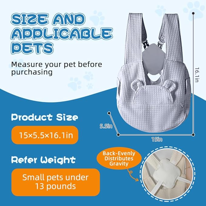 Sling Carrier for Carry Small Dogs and Cats,Soft Waffle Pattern Portable Pet Front Backpack，Reducing Back Pain, for outings,Travel, for Small Pet Up to 13lb,Grey