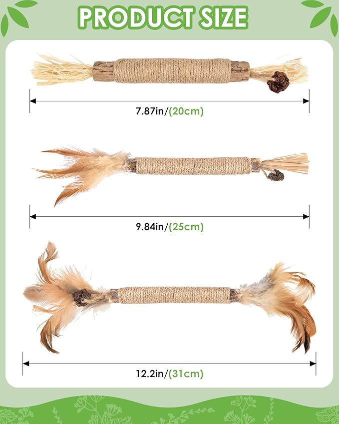 TINDTOP Silvervine Sticks for Cats with Natural Feather, Catnip Chew Toys for Kittens Teeth Cleaning, Increase Appetite, Calm Cat Anxiety and Stress, Cat Dental Toy (3 Pack)