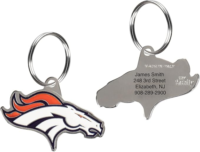NFL Denver Broncos Engraving Pet ID Tags in 32 Team Logo Shapes Personalized Dog Tags and Cat Tags with 3 Lines of Customizable Text for Tracking & Safety. Stainless Steel Pet ID Tracking Tags