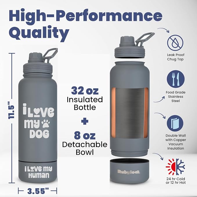 Dog Water Bottle for Dog Lovers - 32 oz Stainless Steel Double Wall Insulated Water Bottle with 8 oz Detachable Bowl on Bottom- Ideal Doggy Lover Gift for Hiking, Walking, Travel - “Love Smoky Grey
