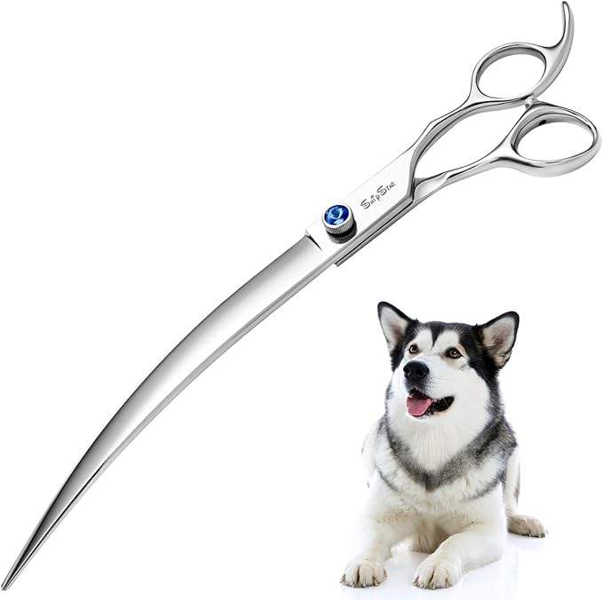 10inch Curved Dog Grooming Scissors Professional, Japanese VG10 Steel Sharp Dog Scissors for Grooming, 30 Degree Bend, Pet Trimming Shears for Dogs Cats Face Paws, Safety Ergonomic with CNC Screw