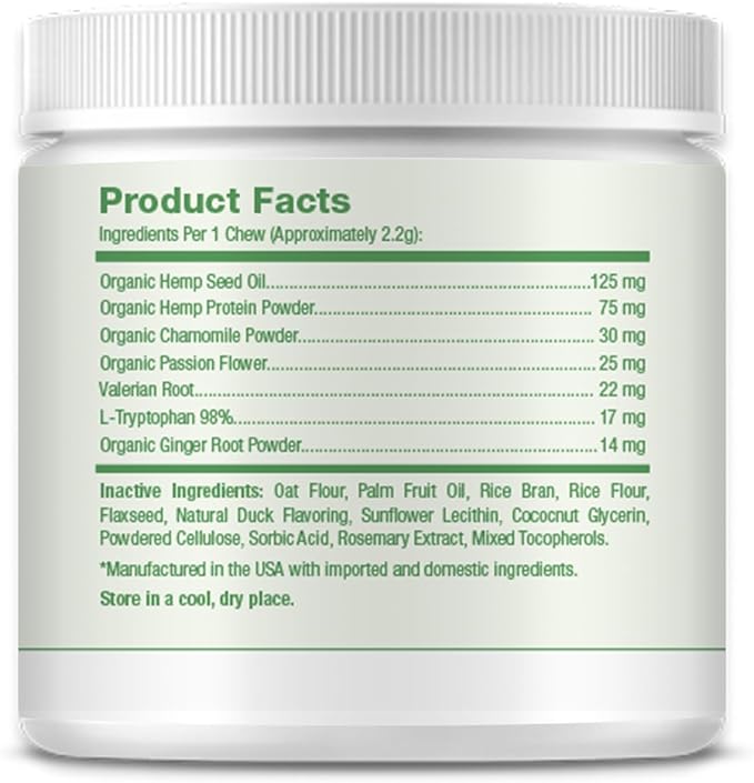 Calming Hemp Chews for Dogs - Relieve Anxiety & Stress - Organic Hemp, Chamomile, Protein Powder, Valerian Root - Natural Calming Aid - Vet Formulated, USA Made - Duck Flavor - 120 Count