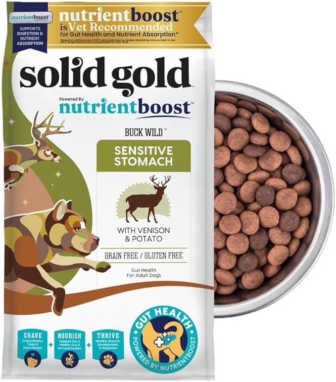 Solid Gold Dry Dog Food for Sensitive Stomachs - Grain Free & Gluten Free w/Venison, Pumpkin & Probiotics for Gut Health & Digestion - Sensitive Stomach Dog Food for All Ages - Nutrientboost –3.75LB
