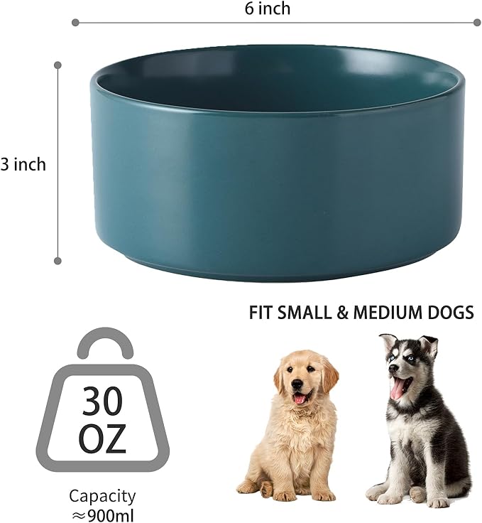 6'' Ceramic Dog Bowl - 30Oz Classic Dogs Food & Water Bowl for Small and Medium Breed Dogs, Heavy Duty Non-Slip Dog Dishes, Food Grade Stoneware Pet Bowl, Dishwasher & Microwave Safe, Green