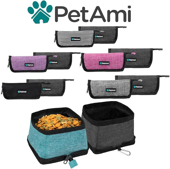 PetAmi Collapsible Dog Bowls 2 Pack, Food and Water Bowls Travel Set, Portable Pet Dish No Spill, Foldable Lightweight BPA Free Leakproof, Camping Hiking Walking Outdoor Gear Accessories, Stripe Black