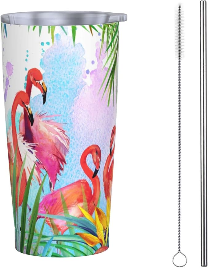 Dujiea 20oz Tumbler With Lid And Straw, Tropical Pink Flamingo Vacuum Insulated Iced Coffee Mug Reusable Travel Cup Stainless Steel Water Bottle