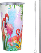 Dujiea 20oz Tumbler With Lid And Straw, Tropical Pink Flamingo Vacuum Insulated Iced Coffee Mug Reusable Travel Cup Stainless Steel Water Bottle