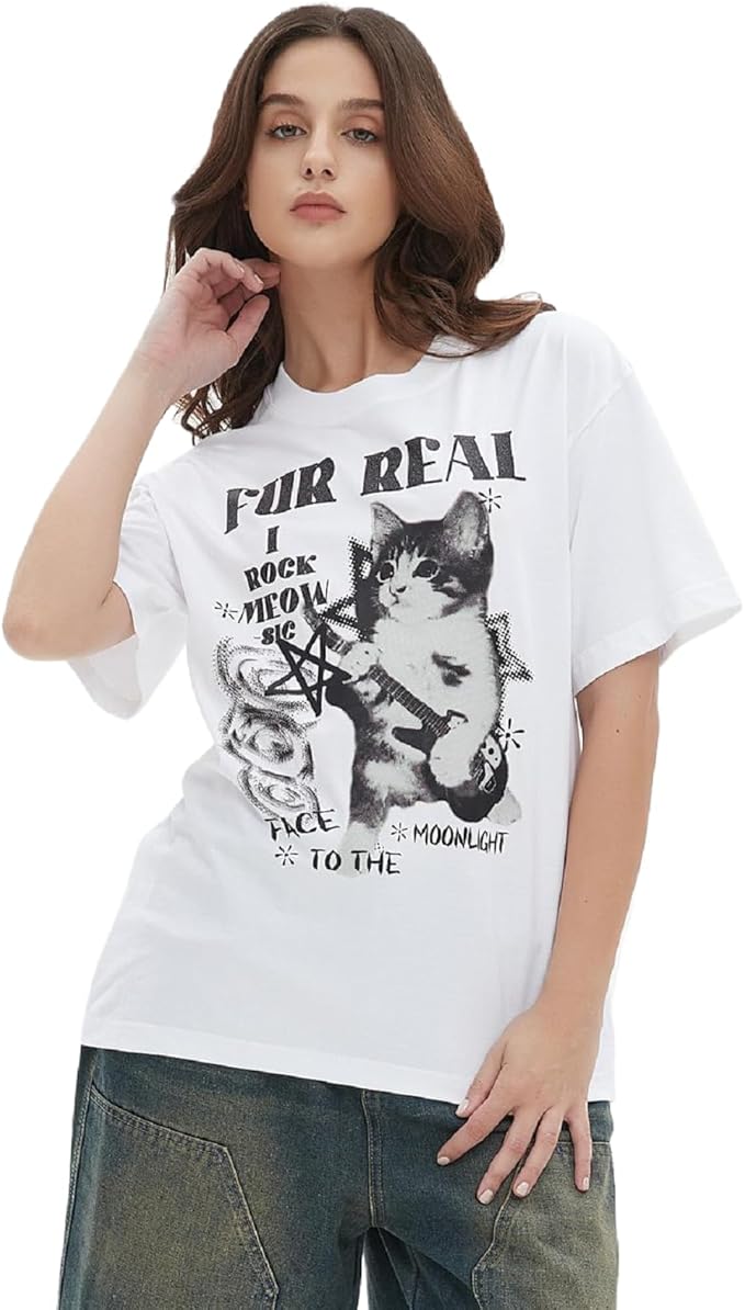 Y2k Graphic Unisex Tees Rock Guitar Cat T-Shirt Short Sleeve Oversized Tee Vintage Retro Grunge Streetwear Shirts