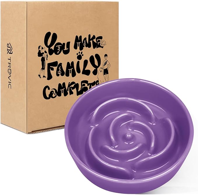TRUVIC Ceramic Slow Feeder Dog Bowls Small Breed, 0.6 Cup Slow Feeder Cat Bowls for Fast Eaters, Ceramic Dog Food Dish no Black Chin, Puzzle Bowl for Small Dogs and Cats, Purple