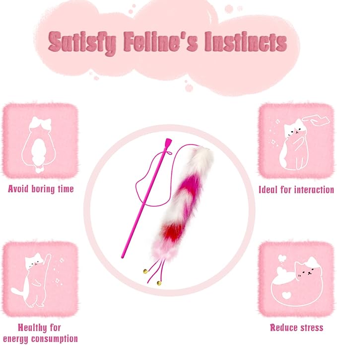 2 Pack Cat Wand Toy, Rainbow Cat Feather Toys with Bells, Teaser Wand with Soft Furry Tail, Interactive Toys for Indoor Cats & Kitten & Kitty