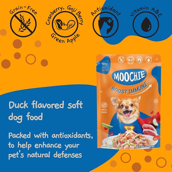 MOOCHIE Soft Wet Dog Food - Superfood Selection - Duck, Salmon & Chicken Liver Flavors - No Artificial Flavors or Preservative -12 x 2.5 oz Pouch