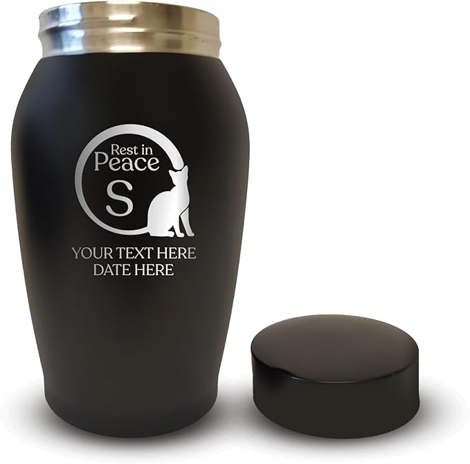 Personalized Custom Small Keepsake Urn Engraved with Pet Name, Date and Cat Design - 5.2" Black Powder Coated Steel Cremation Urn for Cat Ashes - Airtight Closure | 12-16 lb Capacity, RIP - Cat Tail