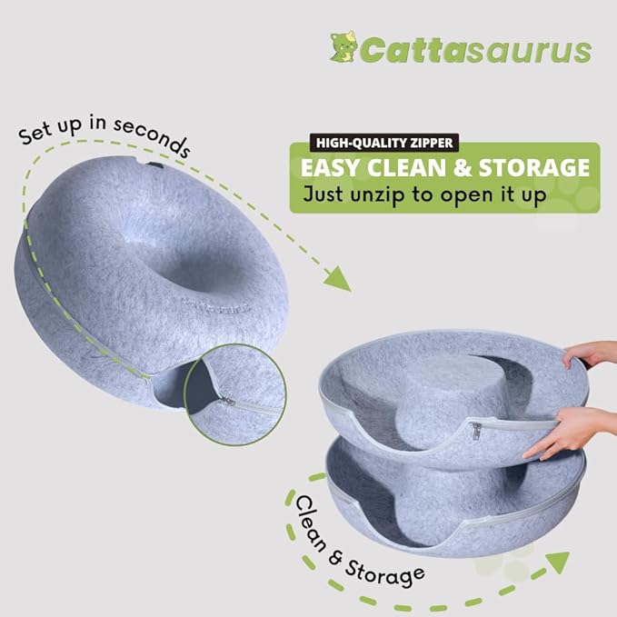 CATTASAURUS Peekaboo Cat Cave for Multiple & Large Cats Up to 30-45 Lbs, Scratch Detachable & Washable Tunnel Bed, Comfy Donut Cat Cave (Ligt Gray + Light Gray, Large (Bundle))