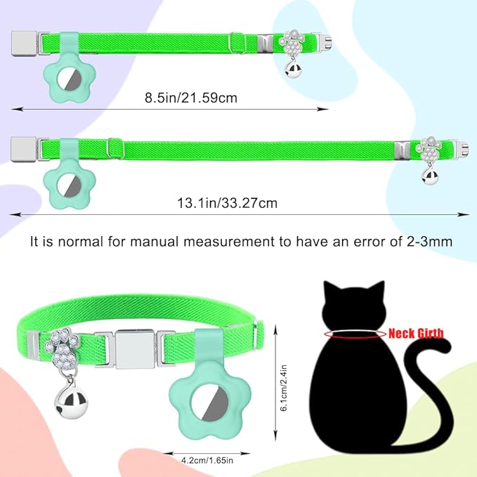 Personalized Safety Elastic Cat Collars with Bell Soft Silicone Cover for Air Tag,Laser Customized Stretch Kitten Collars for Girls Boys Cats (Light Green)