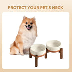Ceramic 6.1inch Raised Double Dog Bowls Set with Acacia Wood Stand, 2 Heights Elevated, Food & Water Bowls for Small Dogs(28.2oz, Vanilla White)