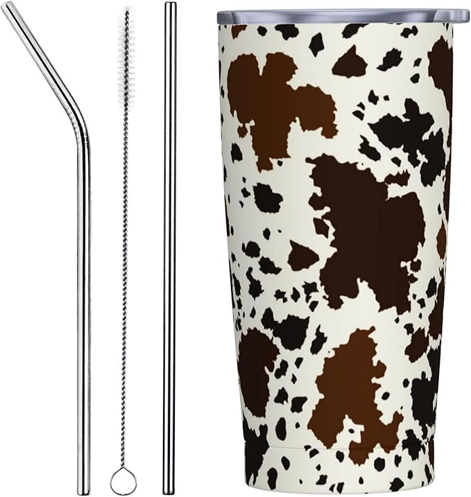 Western Cow Print Tumbler with Lid and Straw, 20 Oz Stainless Steel Insulated Brown Cow Water Bottle Cup Coffee Mug